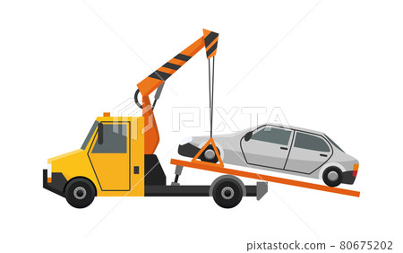Tow truck. Flat faulty car loaded on a tow truck. Vehicle repair service which provides assistance damaged or salvaged cars 80675202