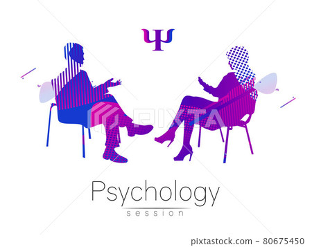 The psychologist and the client. Psychotherapy. Abstract geometric shapes. . Fluid style. Psychological counseling. Man woman talking while sitting. Modern liquid symbol logo. Design concept sign 80675450
