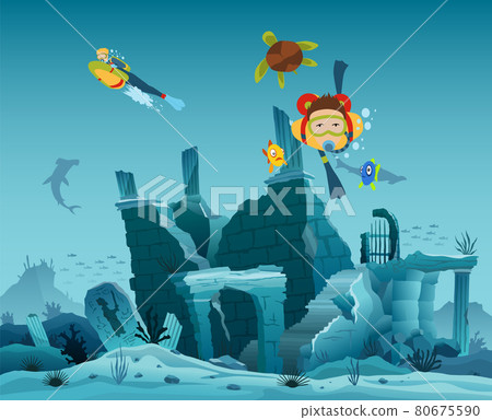 Underwater ruins of the old city. Diver explorers and reef underwater wildlife. Silhouette of coral reef with fish and scuba diver on a blue sea background. Underwater marine wildlife 80675590