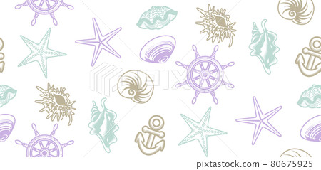 Seashell, rudder, anchor pattern background material-line drawing, seamless, smallest unit Seashell, rudder, anchor pattern background material-line drawing, seamless, smallest unit 80675925