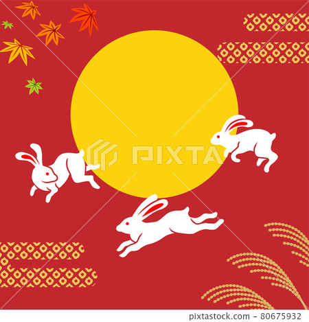 滿月-三隻蹦蹦兔和日本背景方形紅色背景的圖像說明 滿月-三隻蹦蹦兔和日本背景方形紅色背景的圖像說明 80675932