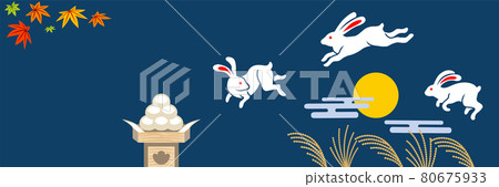 滿月-三隻蹦蹦兔和日本背景藍色的圖像說明 80675933