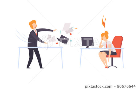 Burn out Stressed Man and Woman Feeling Fatigue and Exhaustion Sitting at Table and Throwing Paper Vector Set 80676644
