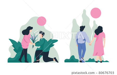 Happy Romantic Couple Walking Holding Hands and Giving Flowers Vector Set 80676703
