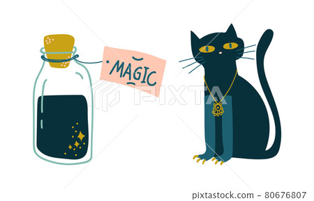 Black Cat and Corked Glass Jar with Potion as Witchcraft Object for Spells and Performing Magical Rituals Vector Set Black Cat and Corked Glass Jar with Potion as Witchcraft Object for Spells and Performing Magical Rituals Vector Set 80676807