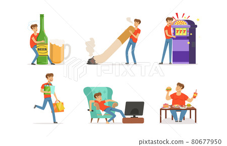Bad Habit with Man Addicted to Alcohol, Smoking and Gambling Vector Set Bad Habit with Man Addicted to Alcohol, Smoking and Gambling Vector Set 80677950