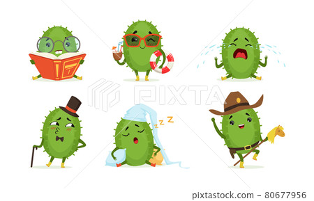 Cute Humanized Cactus Character Sleeping in Night Cap and Reading Book Vector Set 80677956