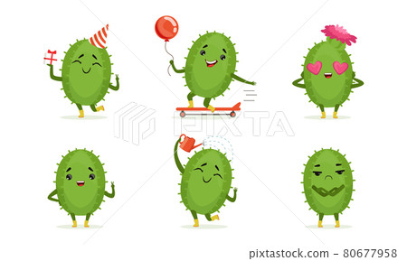 Cute Humanized Cactus Character Watering Himself and Skateboarding Vector Set 80677958