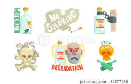 Smoking and Alcoholism Addiction as Bad Habits with Alcohol Bottle and Skull Vector Set Smoking and Alcoholism Addiction as Bad Habits with Alcohol Bottle and Skull Vector Set 80677989