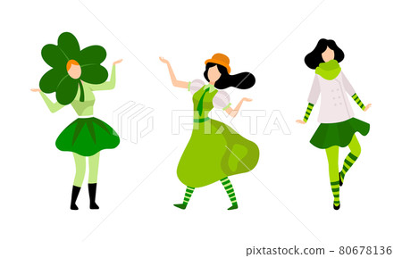 Set of Happy Young Women in Green Irish National Dress and Hat, Saint Patrick s Day Holiday Celebration Cartoon Vector Illustration Set of Happy Young Women in Green Irish National Dress and Hat, Saint Patrick s Day Holiday Celebration Cartoon Vector Illustration 80678136