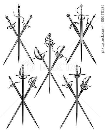 Set of simple monochrome images of three crossed rapiers and epees. Set of simple monochrome images of three crossed rapiers and epees. 80678183