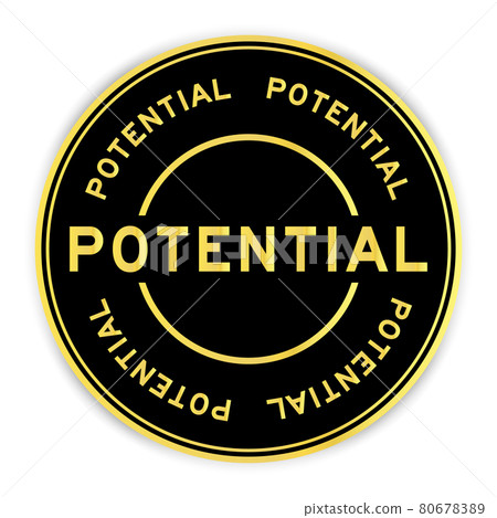 Black and gold color round label sticker with word potential on white background 80678389