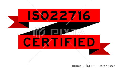 Vintage red color ribbon banner with word ISO 22716 certified on white background Vintage red color ribbon banner with word ISO 22716 certified on white background 80678392