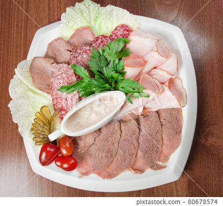 sliced food meat and sausage arrangement . sliced food meat and sausage arrangement . 80678574
