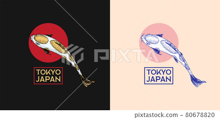 Koi carp and red sun, Japanese fish badge. Korean animal logo. Engraved hand drawn line art Vintage Koi carp and red sun, Japanese fish badge. Korean animal logo. Engraved hand drawn line art Vintage 80678820