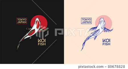 Koi carp and red sun, Japanese fish badge. Korean animal logo. Engraved hand drawn line art Vintage Koi carp and red sun, Japanese fish badge. Korean animal logo. Engraved hand drawn line art Vintage 80678828