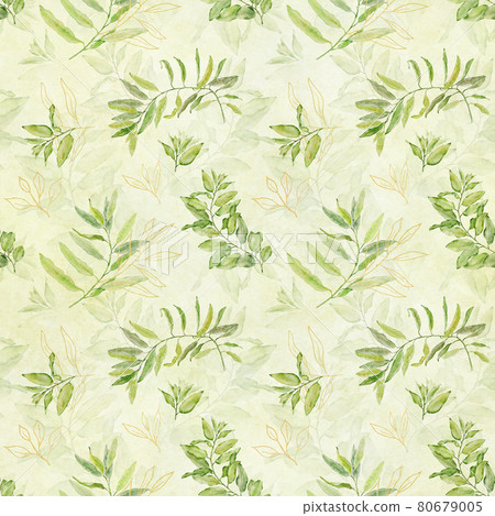 Watercolor seamless floral pattern with green and gold leaves on light yellow green background. 80679005