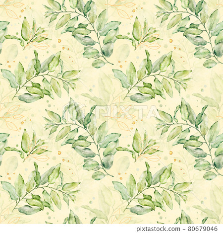 Watercolor seamless floral pattern with green and gold leaves on lihgt yellow background. Watercolor seamless floral pattern with green and gold leaves on lihgt yellow background. 80679046