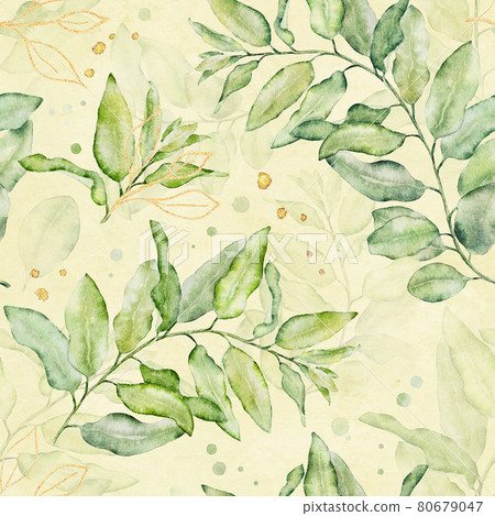 Watercolor seamless floral pattern with green and gold leaves on lihgt yellow background. Watercolor seamless floral pattern with green and gold leaves on lihgt yellow background. 80679047