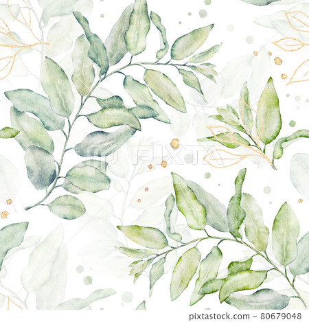Watercolor seamless floral pattern with green and gold leaves on white background. Watercolor seamless floral pattern with green and gold leaves on white background. 80679048
