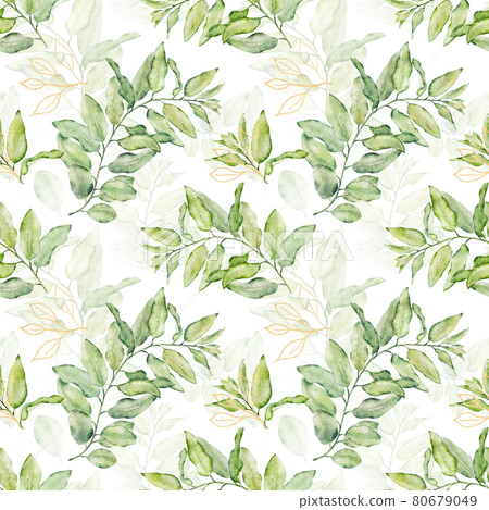 Watercolor seamless floral pattern with green and gold leaves on white background. Watercolor seamless floral pattern with green and gold leaves on white background. 80679049