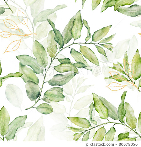 Watercolor seamless floral pattern with green and gold leaves on white background. Watercolor seamless floral pattern with green and gold leaves on white background. 80679050