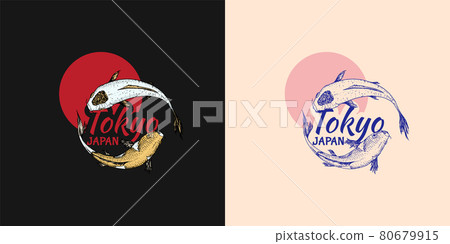 Koi carp and red sun, Japanese fish badge. Korean animal logo. Engraved hand drawn line art Vintage 80679915