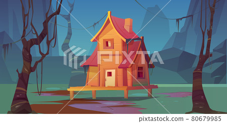 Wooden stilt house in summer forest. Vector 80679985