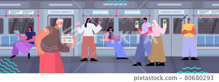 passenger in subway train using digital immunity passports on smartphone screens risk free covid-19 pcr certificate 80680293