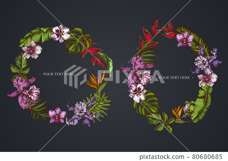 Dark Floral Wreath of monstera, banana palm leaves, strelitzia, heliconia, tropical palm leaves Dark Floral Wreath of monstera, banana palm leaves, strelitzia, heliconia, tropical palm leaves 80680685