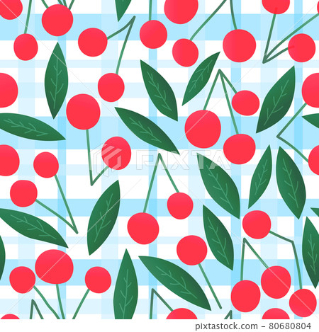 Colourful cherry seamless pattern on cherked blue background for kitchen fabric or tablecloth 80680804