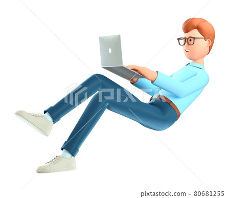 3D illustration of cute smiling man with laptop flying in air, isolated on white background. 80681255