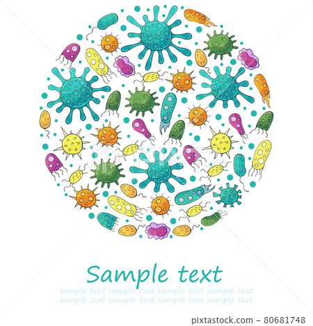 Round vector set of design elements, text. Set of cartoon microbes in hand draw style. Coronavirus 80681748