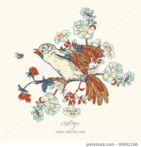 Vintage vector Bird with flowers greeting card.... - Stock Illustration ...