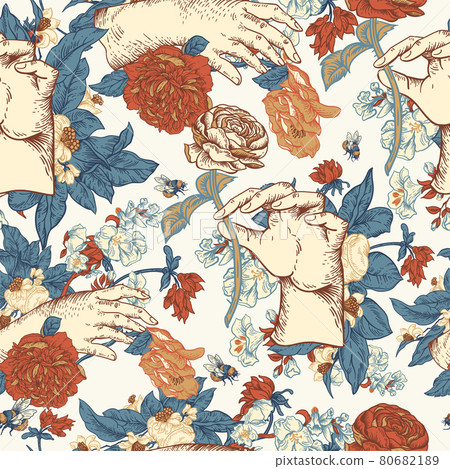 Vintage vector floral seamless pattern with woman hand. Rose botanical flowers texture Vintage vector floral seamless pattern with woman hand. Rose botanical flowers texture 80682189