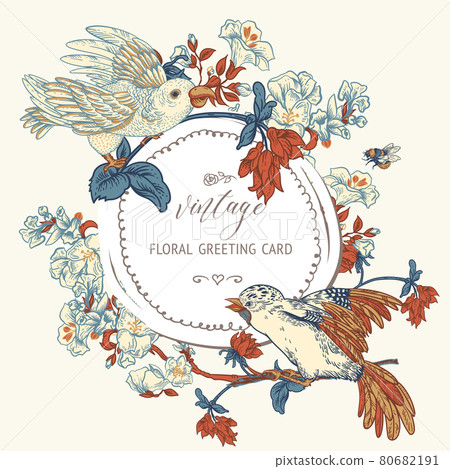 Vintage vector Bird with flowers greeting card.... - Stock Illustration ...