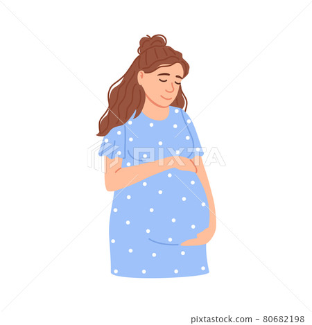 Flat pregnant woman portrait isolated on white background. Beautiful Caucasian expectant woman holding belly waiting for baby birth. Happy young adult mother. Anticipation cartoon vector illustration. Flat pregnant woman portrait isolated on white background. Beautiful Caucasian expectant woman holding belly waiting for baby birth. Happy young adult mother. Anticipation cartoon vector illustration. 80682198
