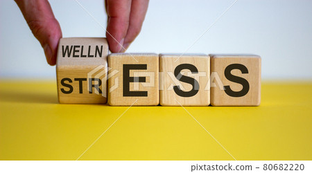Wellness instead of stress. Hand turns a cube and changes the word 'stress' to 'wellness'. Beautiful yellow table, white background. Concept. Copy space. 80682220