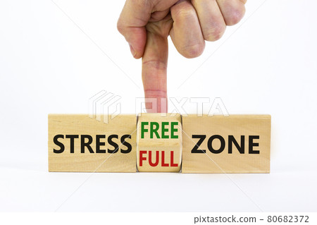 Stress free zone symbol. Doctor turns a cube and changes words 'stress full zone' to 'stress free zone'. Beautiful white background. Psychological, business and stress free zone concept. Copy space. 80682372