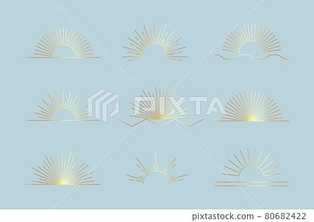 Vector Sun set of linear boho icons and symbols, gold sun logo design templates, abstract design elements for decoration in modern minimalist style for social media posts, stories, artisan jewellery 80682422