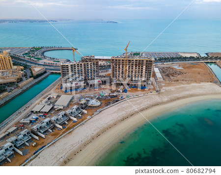 Construction and development at Marjan Island in Ras al Khaimah emirate in the UAE aerial view 80682794