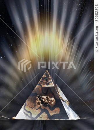 Pyramid masonry symbol in light rays at starry night. Pyramid masonry symbol in light rays at starry night. 80682808