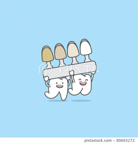 Dental cartoon of friendly white teeth holding on a shade guide teeth color with tooth friend. illustration cartoon character vector design on blue background. Dental care concept. 80683272