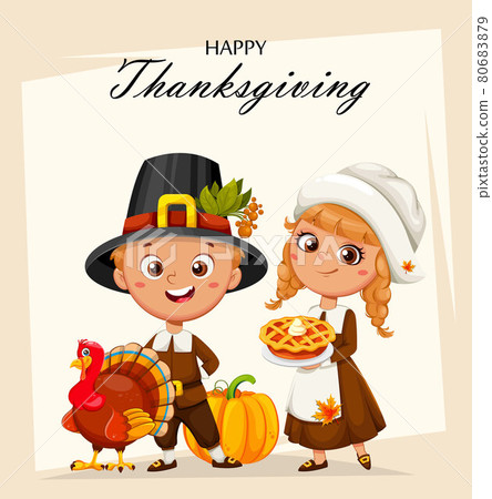 Happy Thanksgiving Day. Cute pilgrim boy and girl Happy Thanksgiving Day. Cute pilgrim boy and girl 80683879