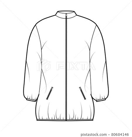 Down puffer coat jacket technical fashion illustration with long sleeves, stand collar, pockets, boxy fit, thigh length Down puffer coat jacket technical fashion illustration with long sleeves, stand collar, pockets, boxy fit, thigh length 80684146