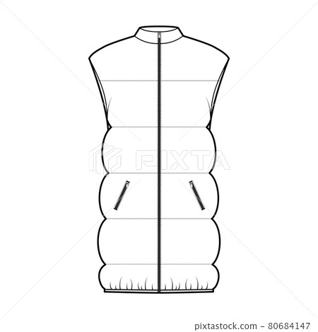 Down vest puffer waistcoat technical fashion illustration with sleeveless, stand collar, pockets, hip length, wide Down vest puffer waistcoat technical fashion illustration with sleeveless, stand collar, pockets, hip length, wide 80684147