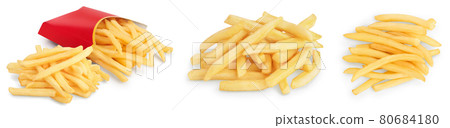 French fries or fried potatoes isolated on white background. Set or collection French fries or fried potatoes isolated on white background. Set or collection 80684180