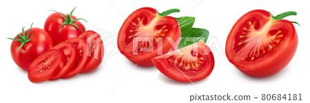 Tomato with slices isolated on white background with clipping path and full depth of field. Set or collection Tomato with slices isolated on white background with clipping path and full depth of field. Set or collection 80684181