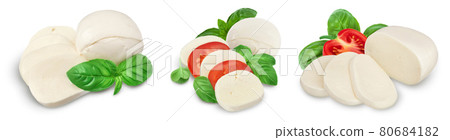 Mozzarella cheese sliced with basil leaf isolated on white background . Set or collection Mozzarella cheese sliced with basil leaf isolated on white background . Set or collection 80684182