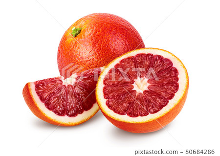 Blood red oranges half and slice isolated on white background with clipping path and full depth of field Blood red oranges half and slice isolated on white background with clipping path and full depth of field 80684286